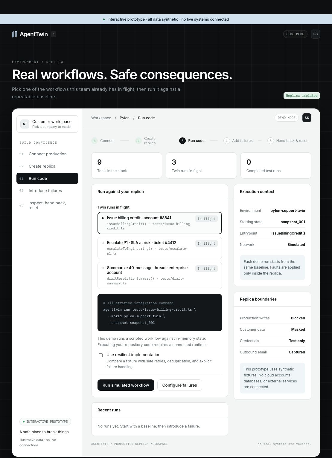 AgentTwin workflow run screen showing the test input and expected outcome
